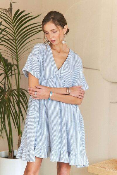 ADORA Ruffled Hem Striped V-Neck Babydoll Dress for a perfect OOTD – dress to impress outfits from Amexza