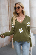 Flower Distressed Long Sleeve Sweater Olive Brown for a perfect OOTD – dress to impress outfits from Amexza