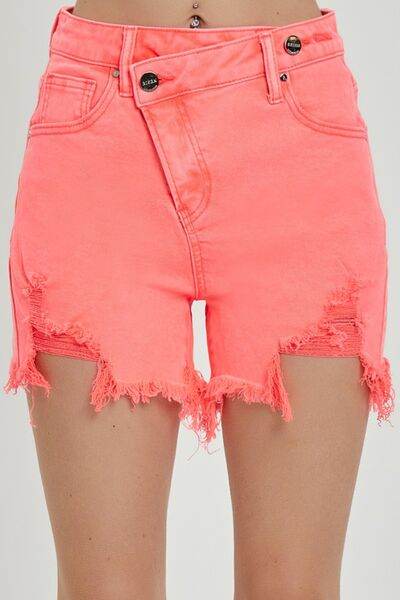 RISEN Raw Hem Asymmetrical Waist Denim Shorts - Amexza