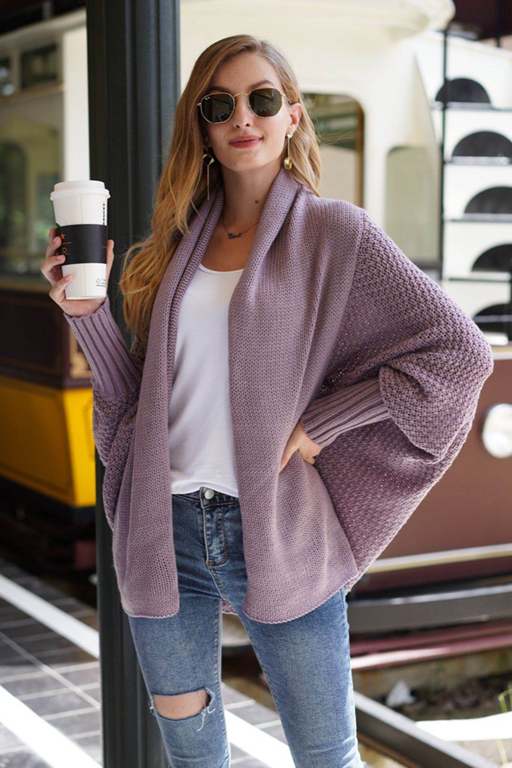 Open Front Batwing Sleeve Cardigan Lavender One Size for a perfect OOTD – dress to impress outfits from Amexza