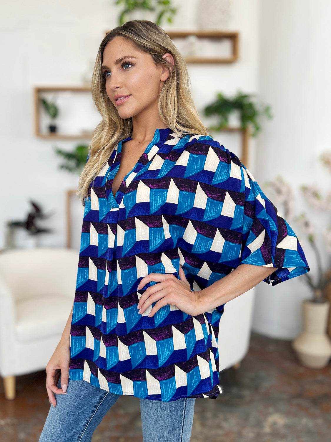 Double Take Full Size Geometric Notched Half Sleeve Blouse for a perfect OOTD – dress to impress outfits from Amexza