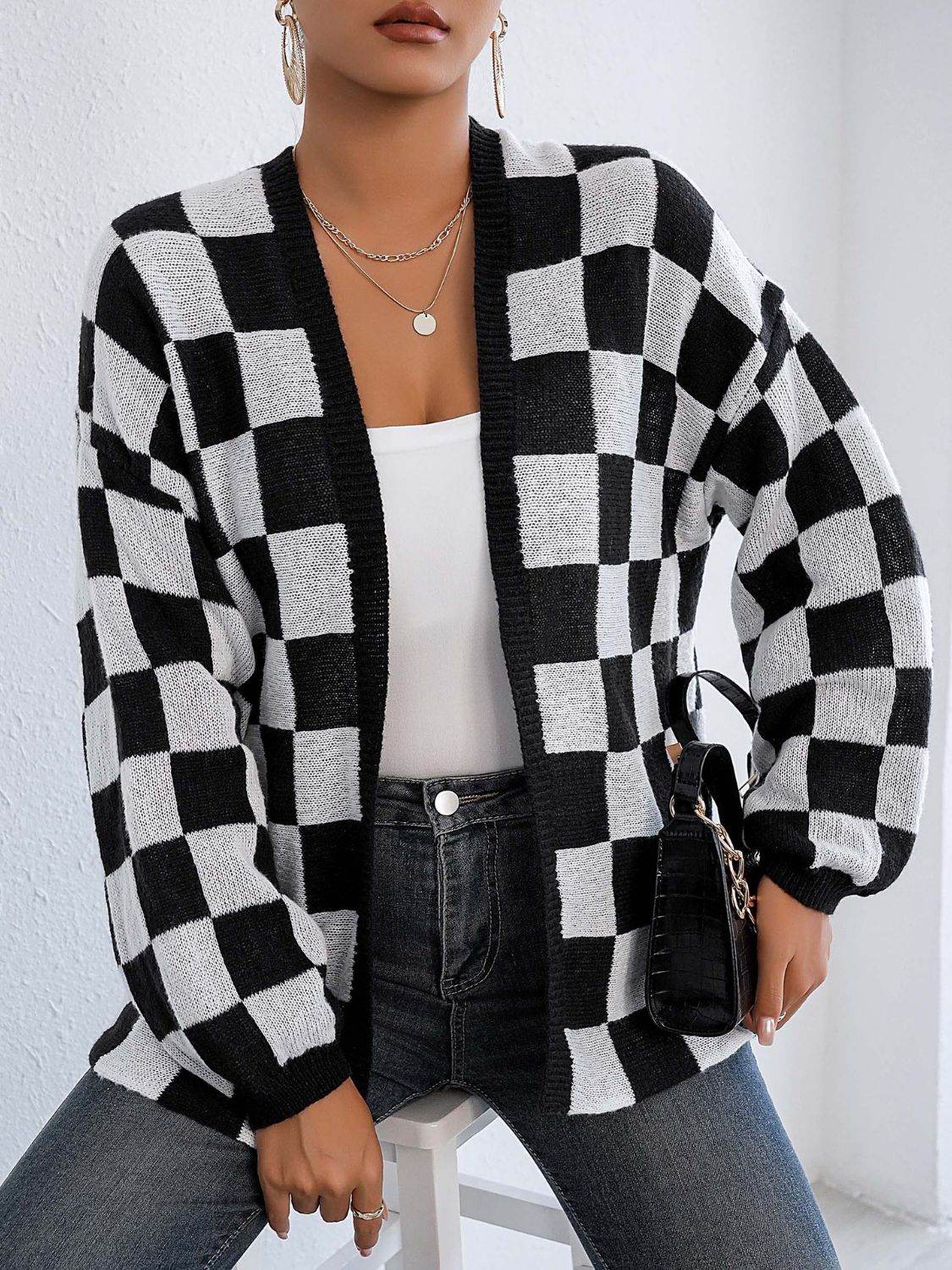 Checkered Open Front Long Sleeve Cardigan for a perfect OOTD – dress to impress outfits from Amexza