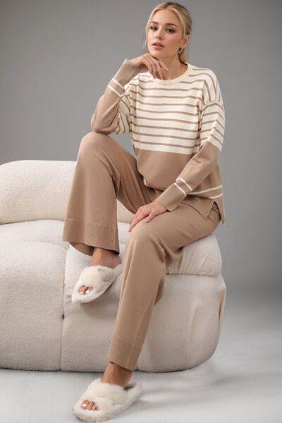 Basic Bae Striped Round Neck Long Sleeve Top and Pants Sweater Set for a perfect OOTD – dress to impress outfits from Amexza