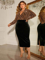 Honey Plus Size Surplice Neck Long Sleeve Slit Dress Black for a perfect OOTD – dress to impress outfits from Amexza