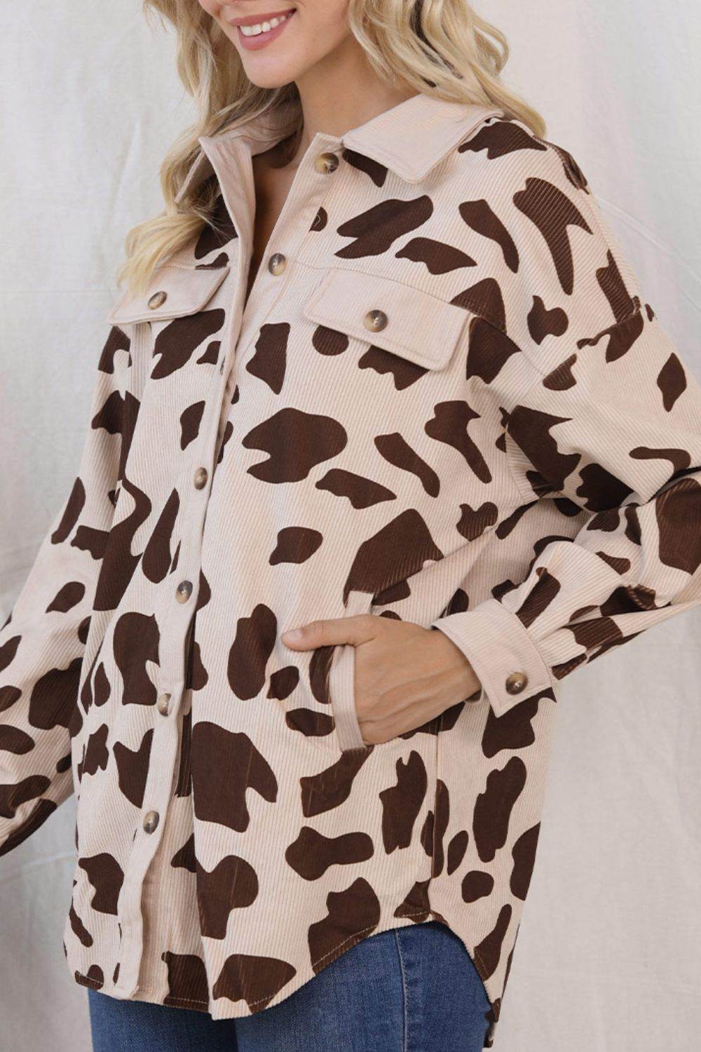 Cow Print Button Up Corduroy Shacket for a perfect OOTD – dress to impress outfits from Amexza