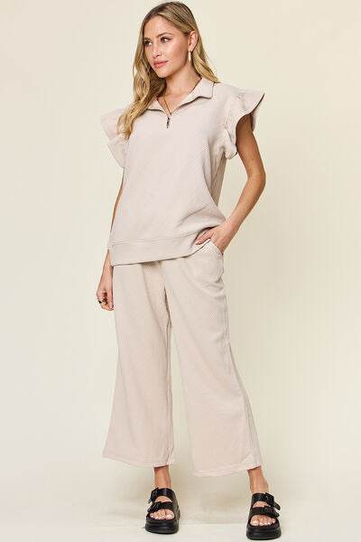 Double Take Texture Ruffle Short Sleeve Top and Drawstring Wide Leg Pants Set Dust Storm for a perfect OOTD – dress to impress outfits from Amexza