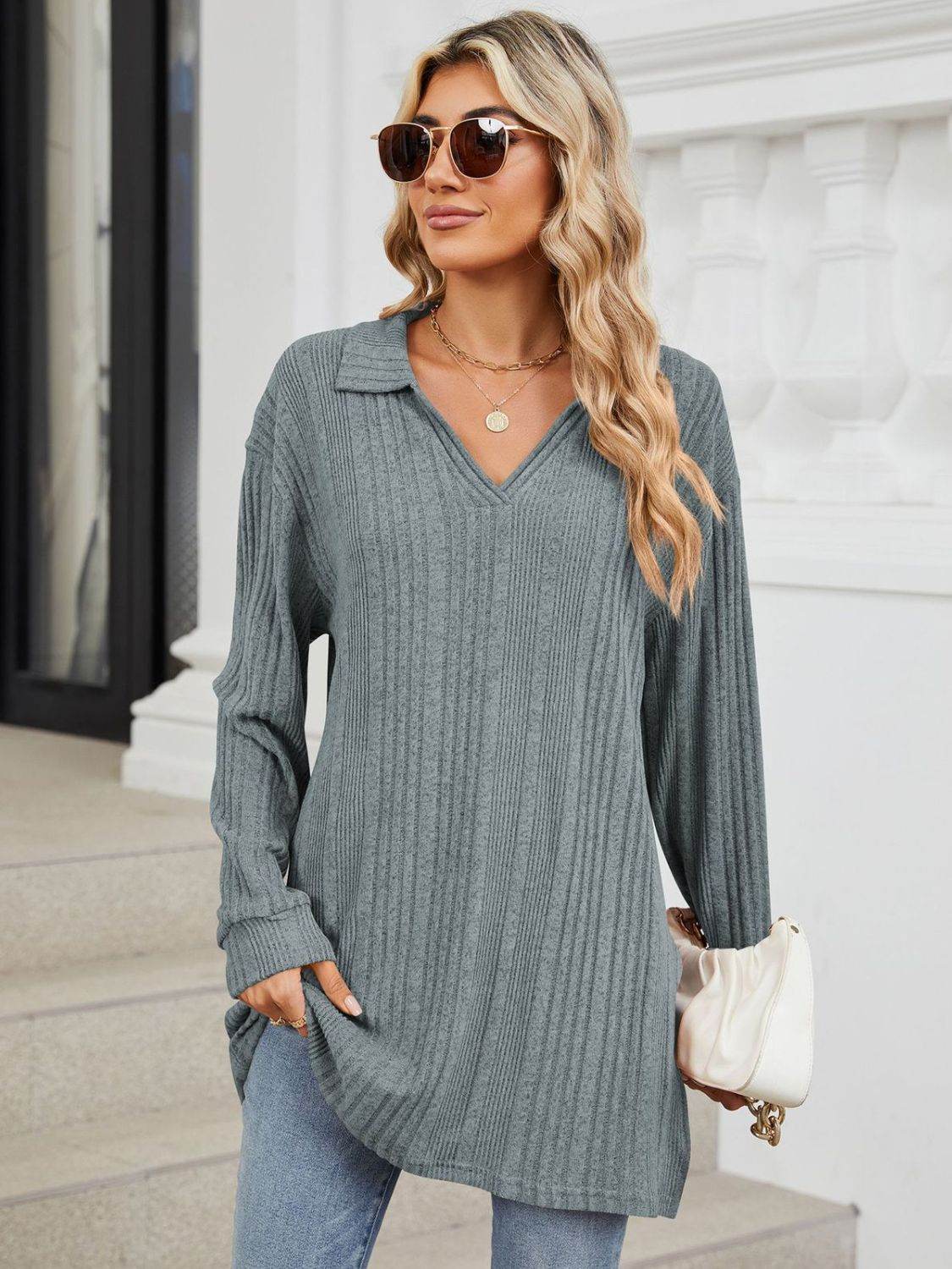 Slit Johnny Collar Long Sleeve T-Shirt - Amexza