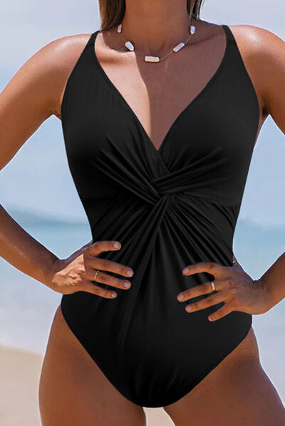 Twisted Crisscross V-Neck One-Piece Swimwear Black for a perfect OOTD – dress to impress outfits from Amexza