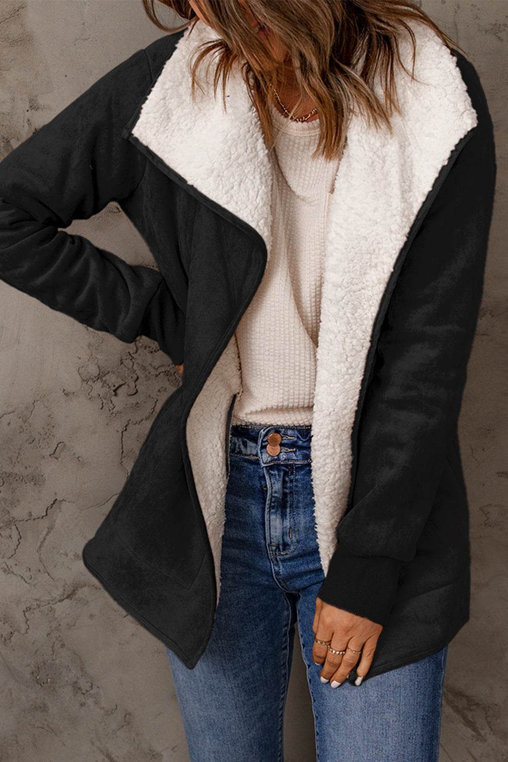 Open Front Long Sleeve Sherpa Jacket for a perfect OOTD – dress to impress outfits from Amexza