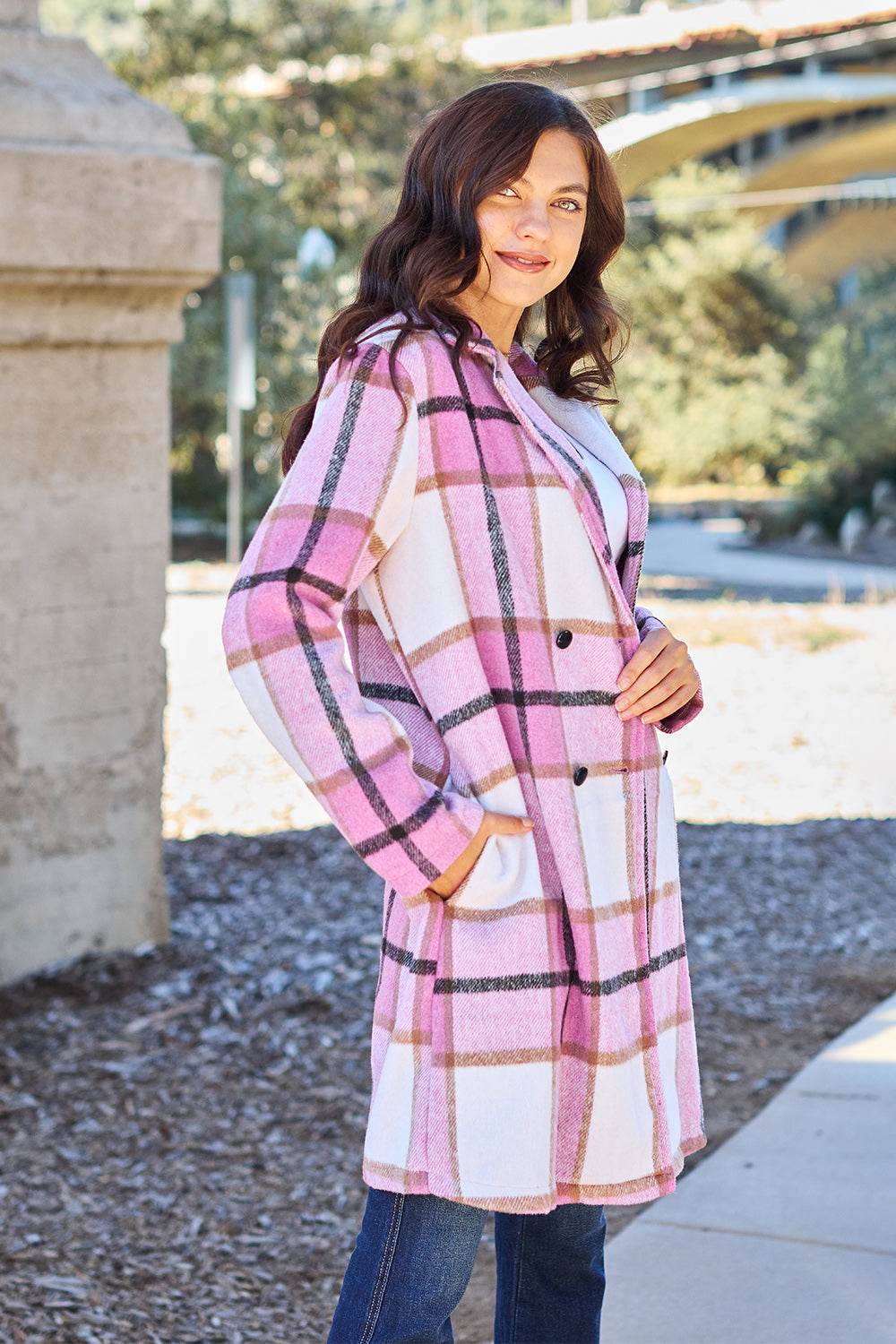 Double Take Full Size Plaid Button Up Lapel Collar Coat - Amexza