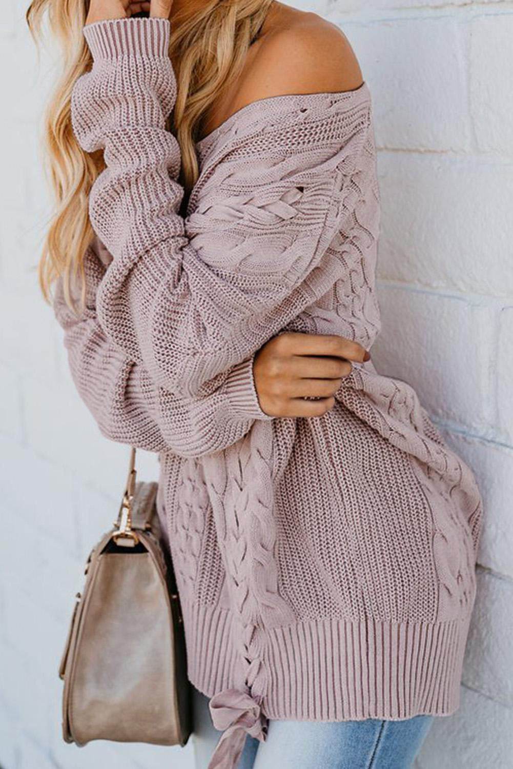 Cable Knit Lace Up V-Neck Sweater for a perfect OOTD – dress to impress outfits from Amexza