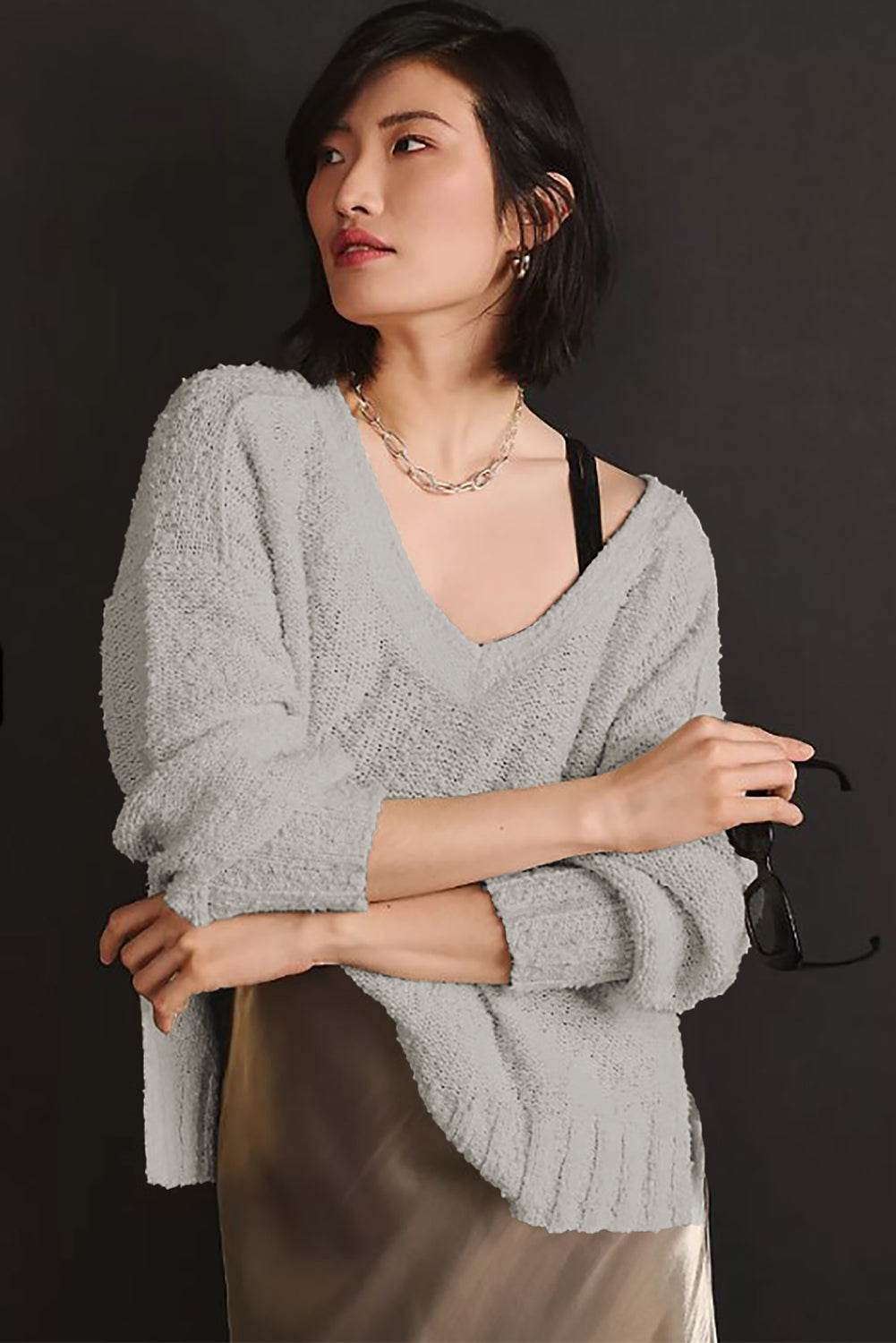 V-Neck Dropped Shoulder Sweater for a perfect OOTD – dress to impress outfits from Amexza