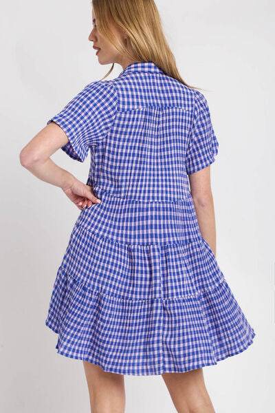 Umgee Full Size Gingham Tiered Button Detail Short Sleeve Dress Plus Size for a perfect OOTD – dress to impress outfits from Amexza