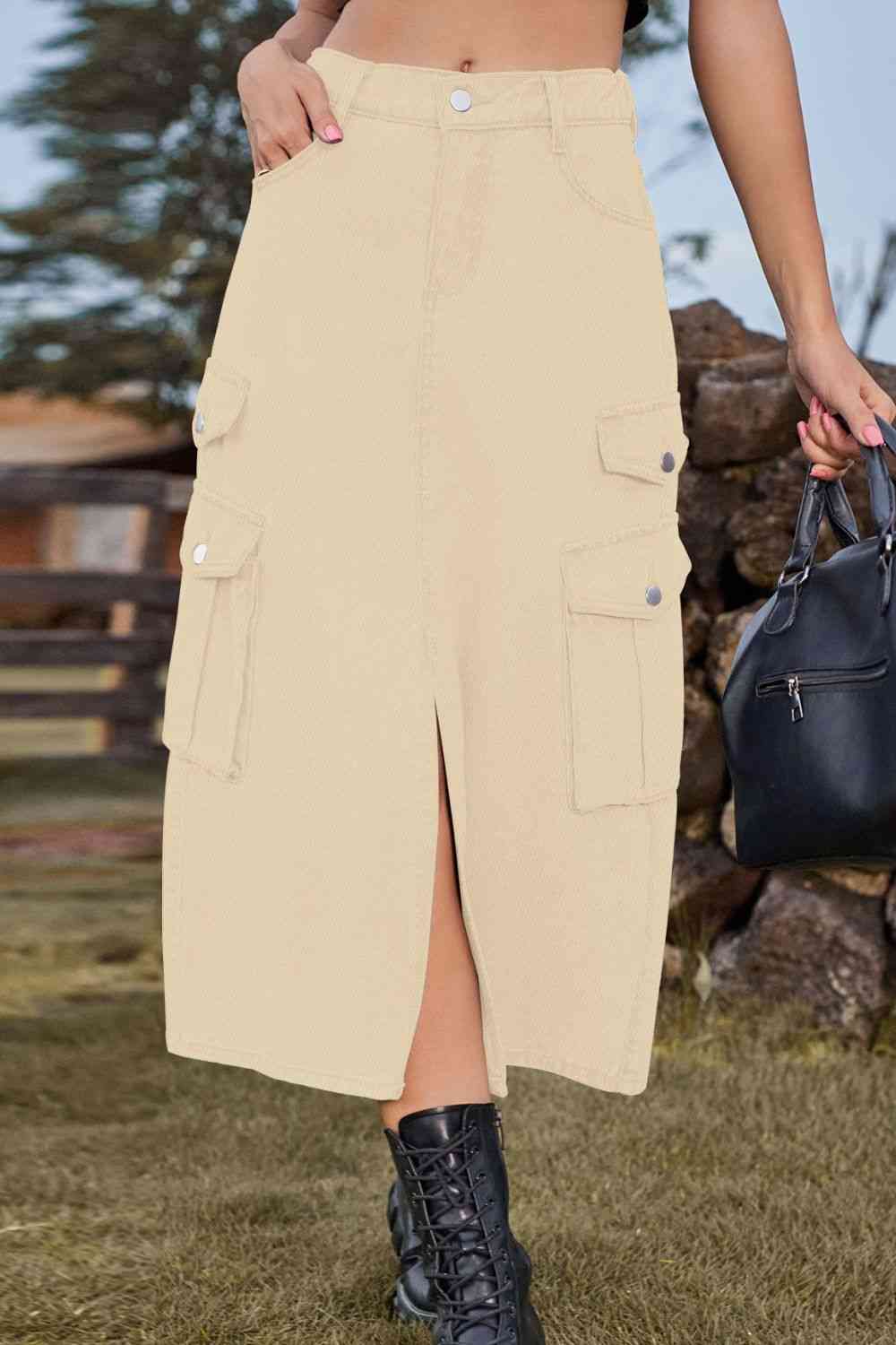 Slit Front Midi Denim Skirt with Pockets Tan for a perfect OOTD – dress to impress outfits from Amexza