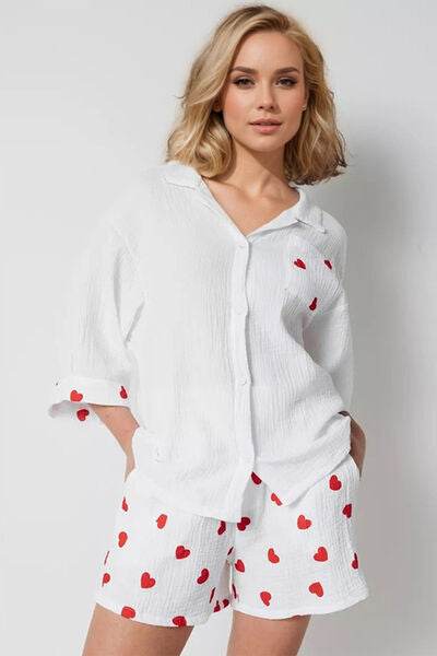 Basic Bae Heart Collared Neck Button Down Top and Shorts Set - Amexza