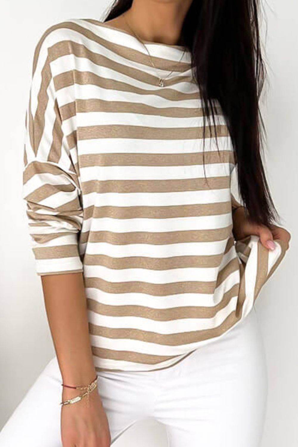 Striped Round Neck Long Sleeve Blouse for a perfect OOTD – dress to impress outfits from Amexza