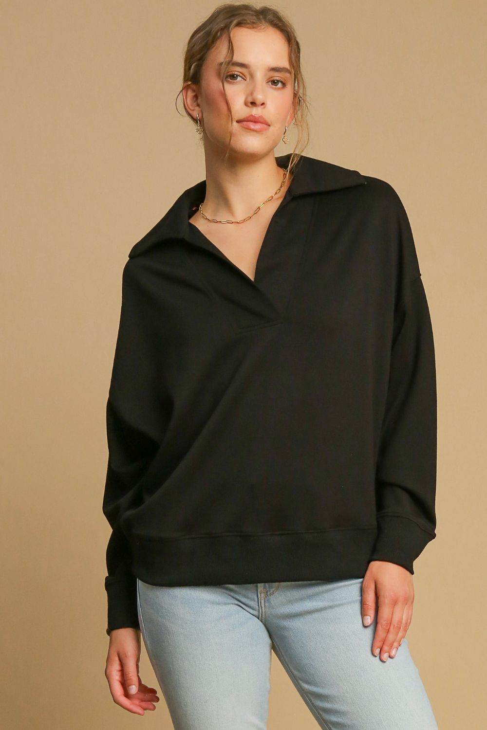 Umgee Johnny Collar Dropped Shoulder Sweatshirt Black for a perfect OOTD – dress to impress outfits from Amexza