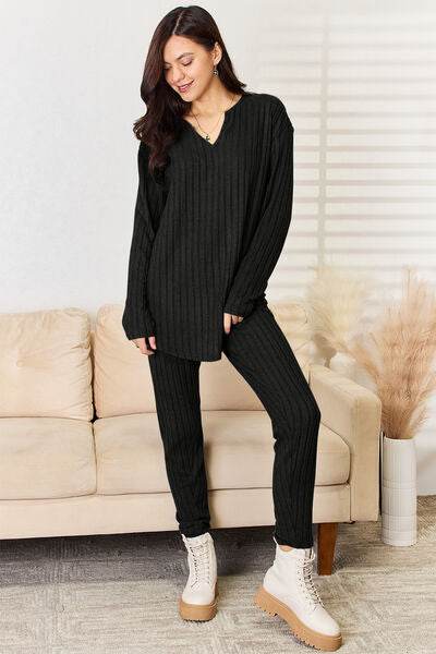 Basic Bae Full Size Notched Long Sleeve Top and Pants Set for a perfect OOTD – dress to impress outfits from Amexza