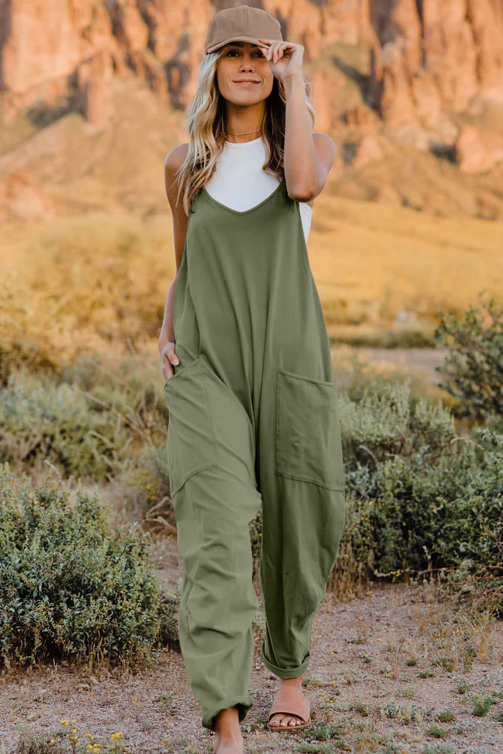 Double Take Full Size V-Neck Sleeveless Jumpsuit with Pockets Army Green for a perfect OOTD – dress to impress outfits from Amexza