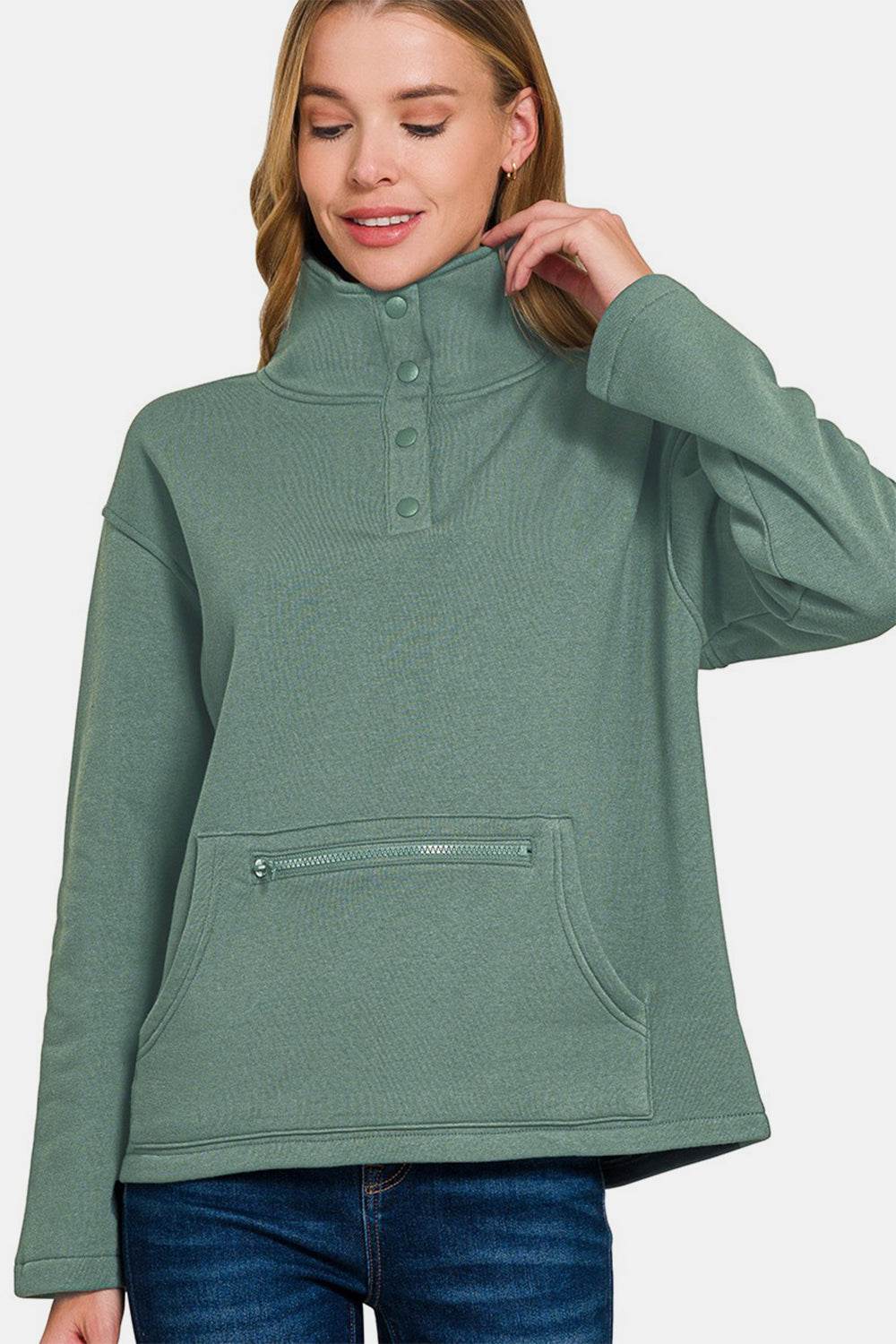 Zenana Turtleneck Half Snap Fleece Sweatshirt Ash Jade for a perfect OOTD – dress to impress outfits from Amexza