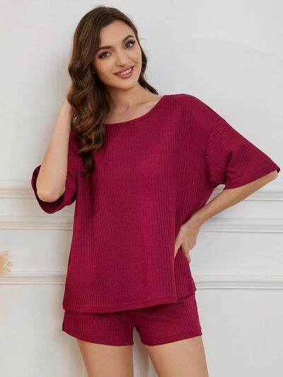 Round Neck Half Sleeve Top and Shorts Lounge Set Burgundy for a perfect OOTD – dress to impress outfits from Amexza