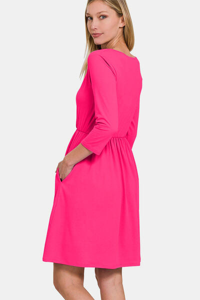 Zenana Three-Quarter Sleeve Surplice Dress with Pockets for a perfect OOTD – dress to impress outfits from Amexza