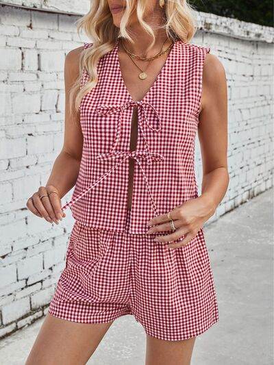 Lovelet Tied Plaid V-Neck Vest and Shorts Set for a perfect OOTD – dress to impress outfits from Amexza