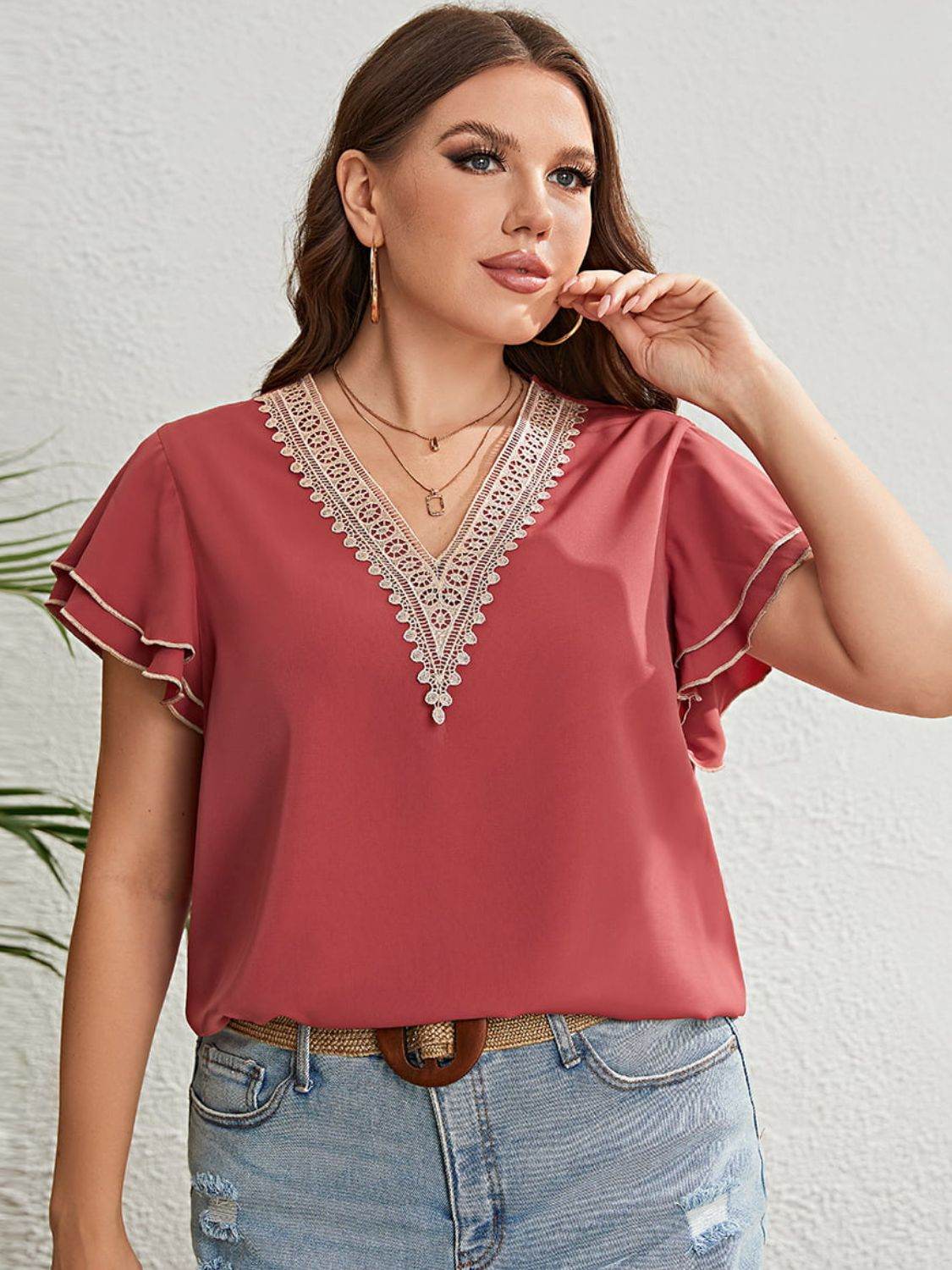 Honey Plus Size Contrast V-Neck Layered Flutter Sleeve Blouse - Amexza