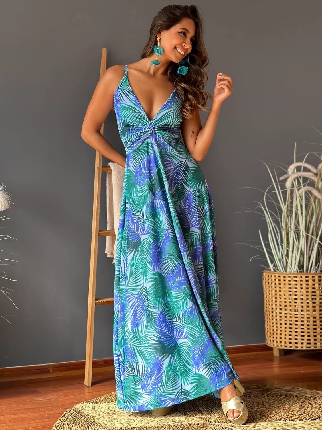 Twisted Printed V-Neck Cami Dress - Blue / S