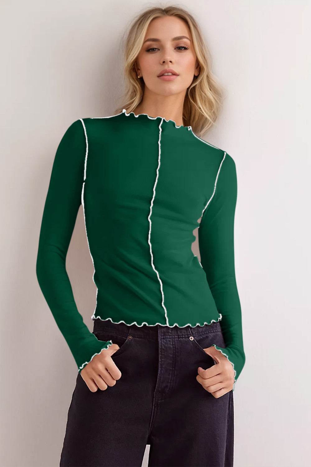 Basic Bae Contrast Trim Mock Neck Long Sleeve T-Shirt Dark Green for a perfect OOTD – dress to impress outfits from Amexza