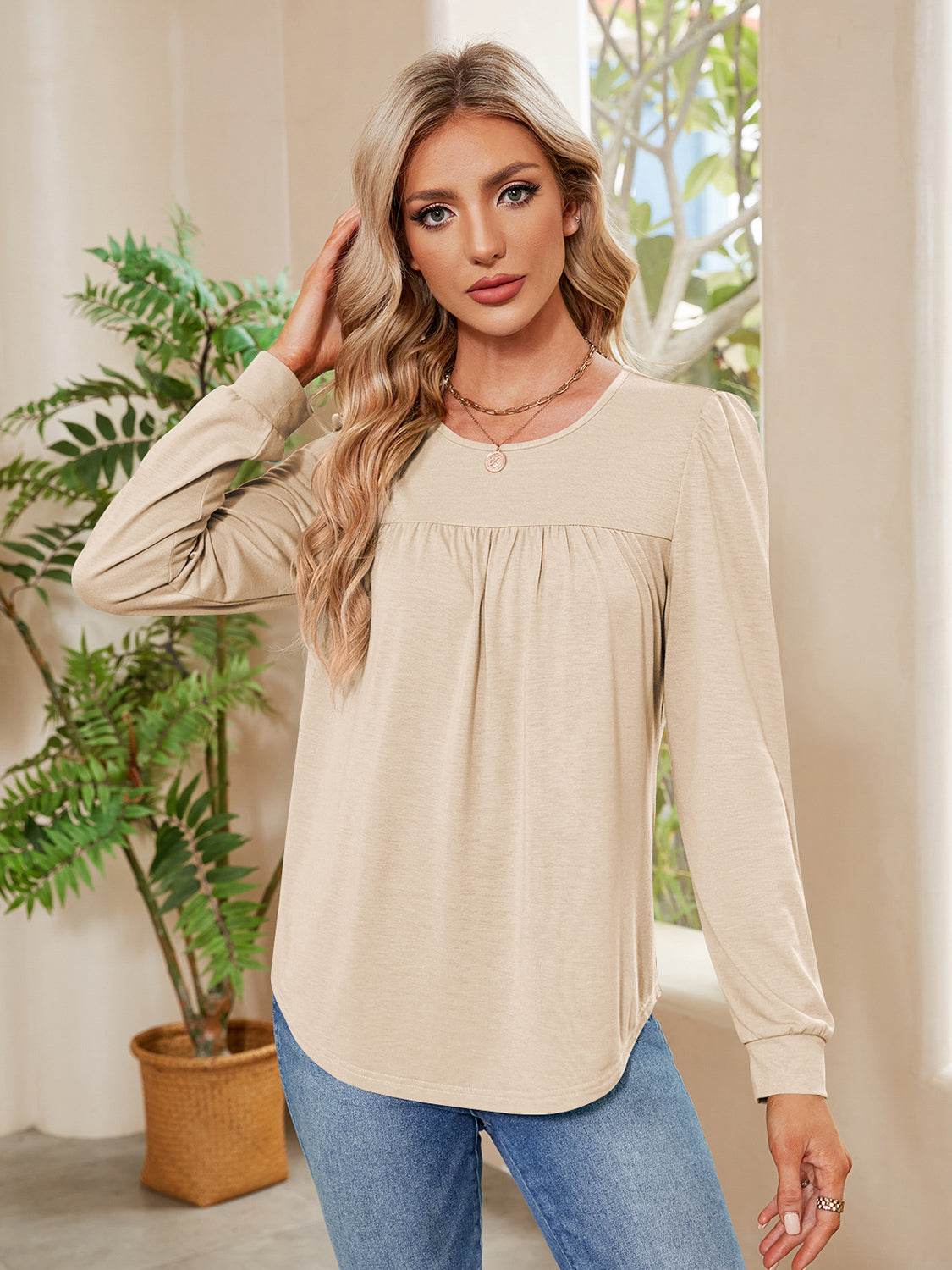 Ruched Round Neck Long Sleeve Blouse Ivory for a perfect OOTD – dress to impress outfits from Amexza