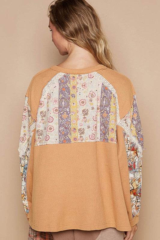 POL Waffle-Knit Lace Detail Round Neck Top - Amexza