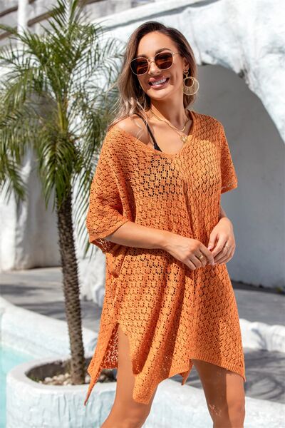 Angel Wings Openwork Slit Scoop Neck Cover Up for a perfect OOTD – dress to impress outfits from Amexza