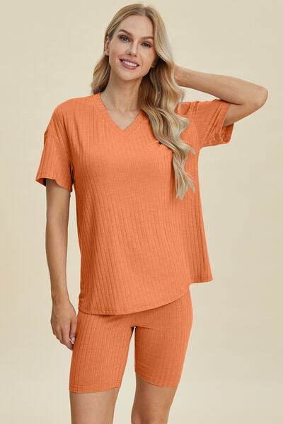 Basic Bae Full Size Ribbed V-Neck Short Sleeve Top and Shorts Set Tangerine for a perfect OOTD – dress to impress outfits from Amexza