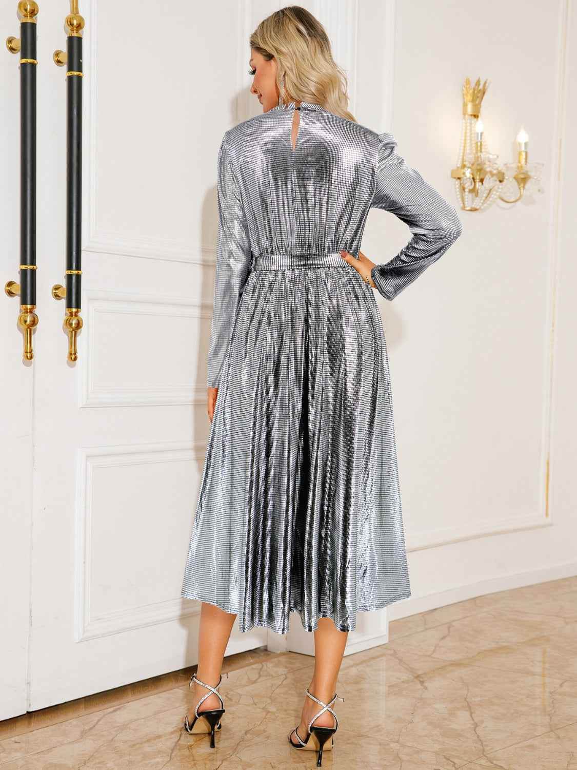 Tie Waist Long Sleeve Midi Dress - Amexza