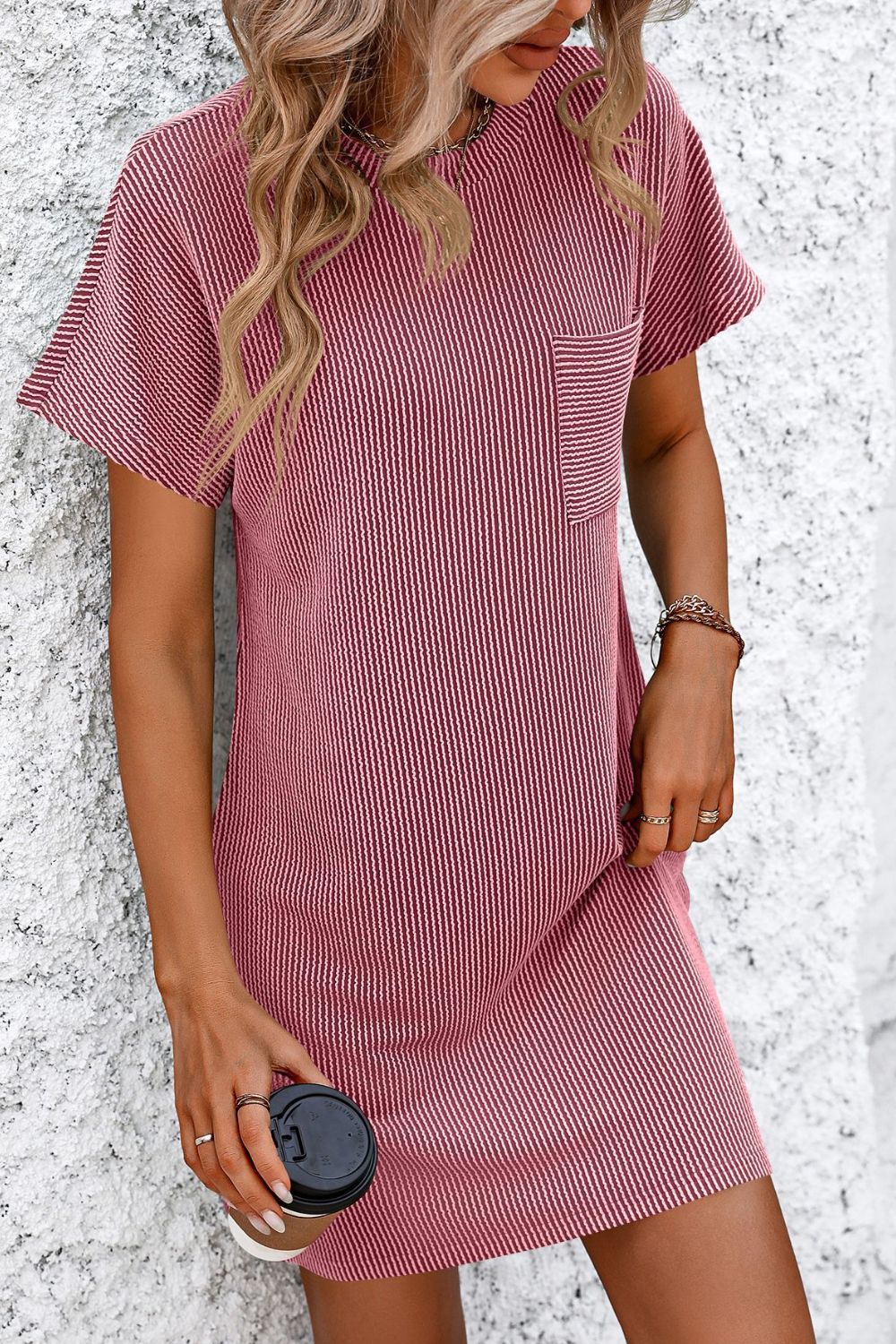 Mandy Ribbed Striped Short Sleeve Mini Tee Dress - Deep Rose / S