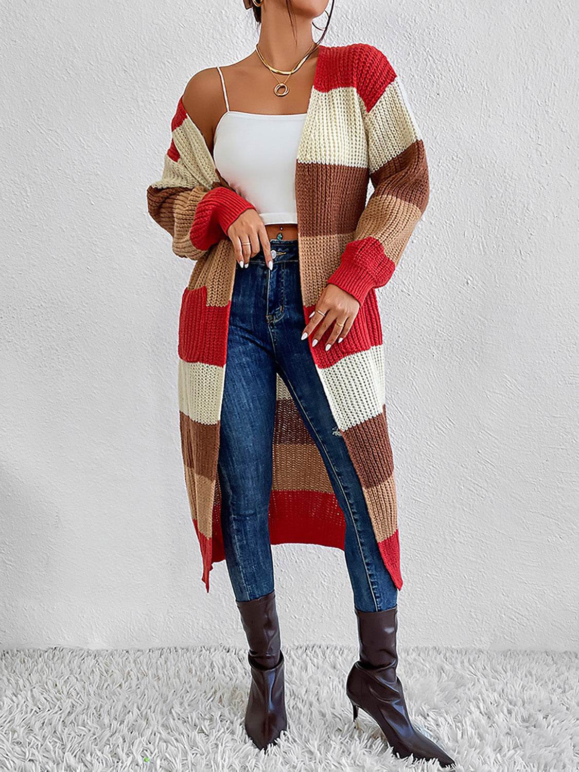 Color Block Open Front Longline Cardigan Red Orange for a perfect OOTD – dress to impress outfits from Amexza