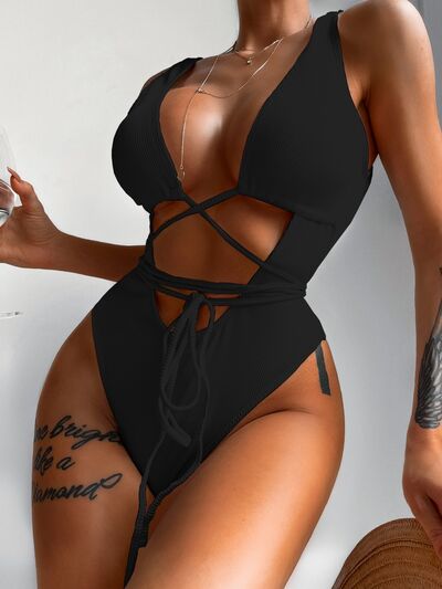 Ribbed Lace Up One-Piece Swimsuit Black for a perfect OOTD – dress to impress outfits from Amexza