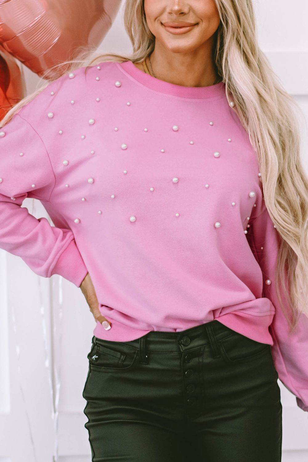 Pearl Detail Ribbed Round Neck Sweatshirt - Amexza