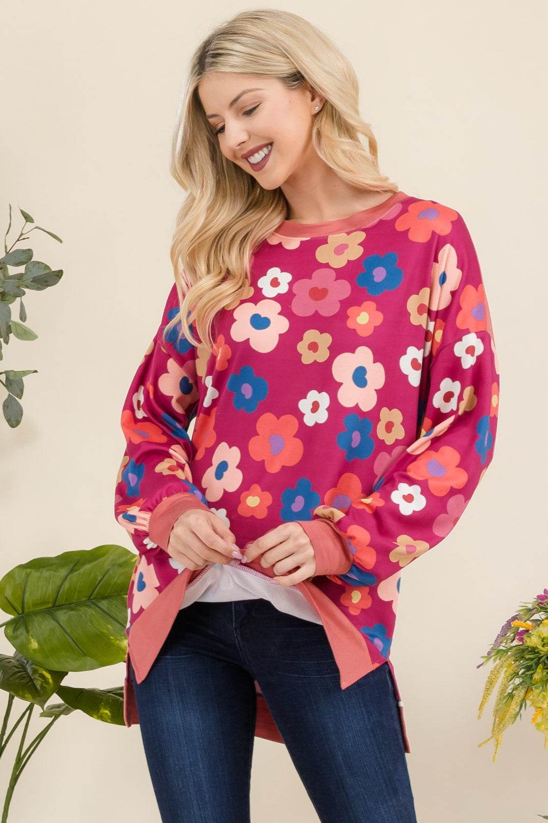 Celeste Full Size Side Slit Flower Print Long Sleeve Top for a perfect OOTD – dress to impress outfits from Amexza