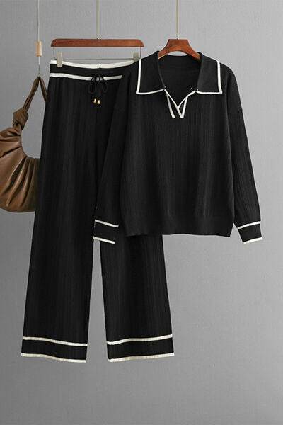 Contrast Trim Johnny Collar Top and Drawstring Pants Sweater Set for a perfect OOTD – dress to impress outfits from Amexza