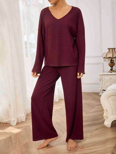 V-Neck Long Sleeve Top and Wide Leg Pants Set - Amexza