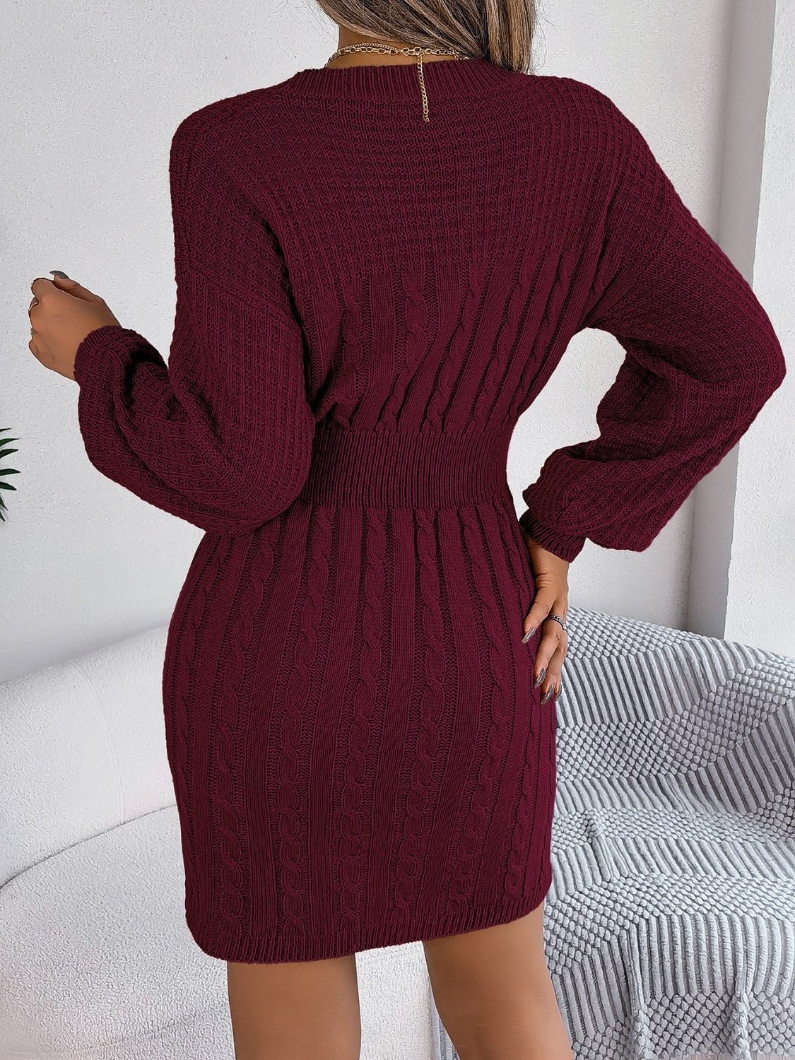 Cable-Knit Cutout Round Neck Slit Sweater Dress for a perfect OOTD – dress to impress outfits from Amexza