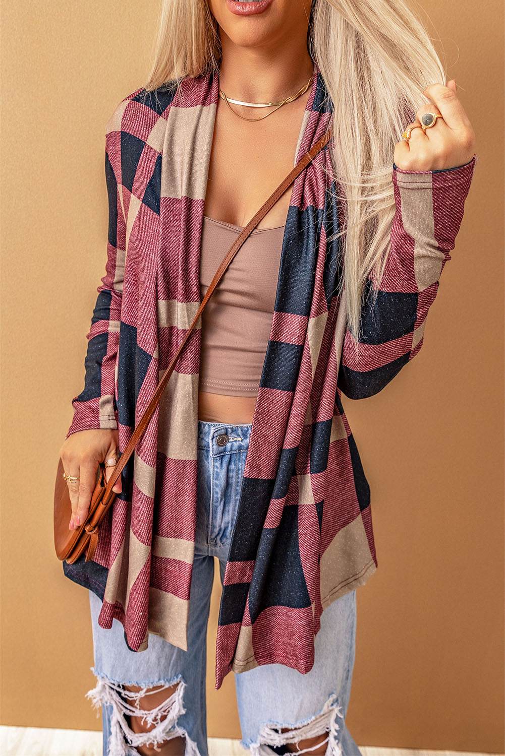 Plaid Open Front Cardigan - Amexza