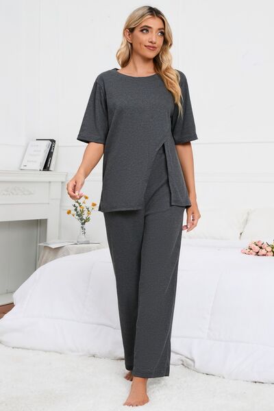 Slit Round Neck Top and Pants Lounge Set Dark Gray for a perfect OOTD – dress to impress outfits from Amexza