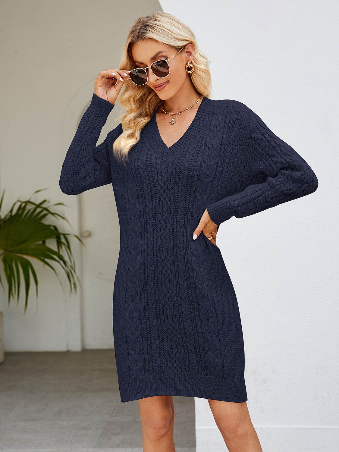 Cable-Knit V-Neck Mini Sweater Dress for a perfect OOTD – dress to impress outfits from Amexza
