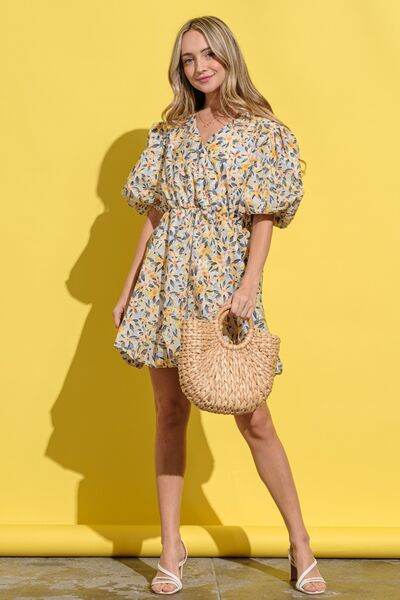 Full Size Floral Surplice Puff Sleeve Dress for a perfect OOTD – dress to impress outfits from Amexza
