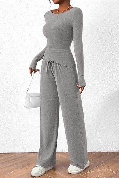 Round Neck Long Sleeve Top and Pants Set - Amexza