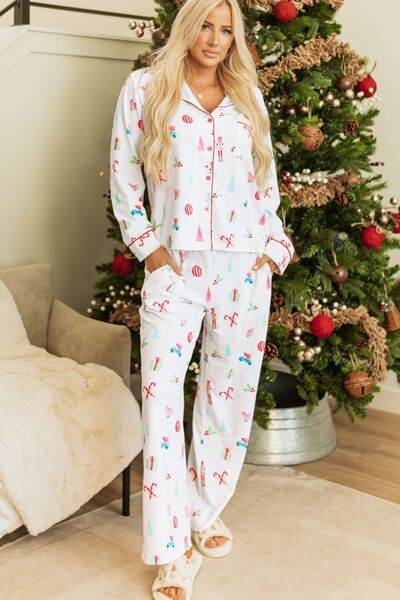 Christmas Printed Collared Neck Top and Pants Lounge Set for a perfect OOTD – dress to impress outfits from Amexza