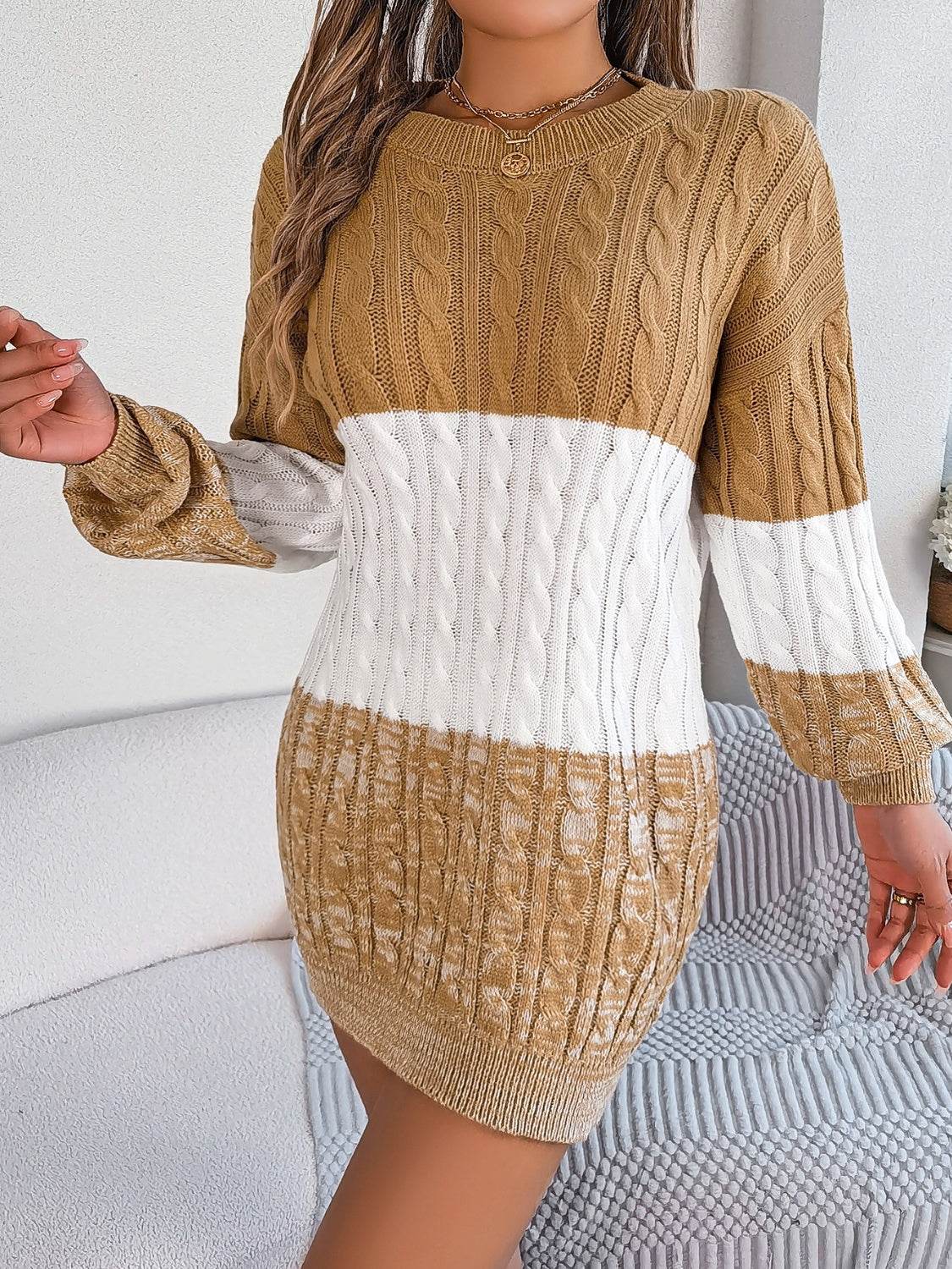 Cable-Knit Round Neck Color Block Sweater Dress for a perfect OOTD – dress to impress outfits from Amexza